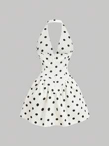 SHEIN MOD Women's Polka Dot Pattern Waist Cinching Halter Neck Denim Dress - Multicolor - View 2