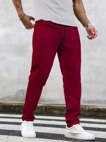Manfinity Homme Pantalones casuales de hombre con cordón en la cintura y unicolor - Rojo - Ver 5
