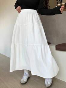 Dazy Plus 白色弹性腰部拼布A字裙，春夏 - 白色 - 查看 4