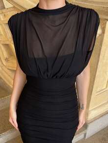 Marta Soriano Vestido negro envolvente de gasa elegante con pliegues, adecuado para citas románticas, fiestas, eventos formales, vestidos de dama de honor, vestido de verano para mujer, vestido para té, Año Nuevo, Día de San Valentín, vestido mini de cumpleaños - Negro - Ver 3