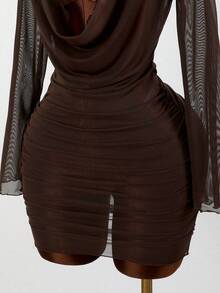 Swim Vcay 女士卡其色性感网纱长袖透视沙滩罩衫泳衣 - 咖啡棕 - 查看 5