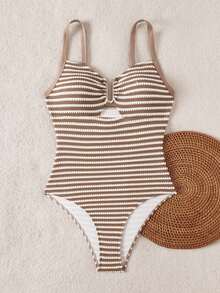 Swim Vcay 2026 Spring/Summer Adjustable Thick Strap U-Shaped Metal Decor One-Piece Swimsuit, Sweet & Fitted For Women - Brown - View 7