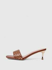 Sleekvia Women's Summer New One-Strap Rivet Square Toe Thin Heel High Heel Open Toe Commuting Chic Sexy Elegant Leather High Heel Sandals - Brown - View 3