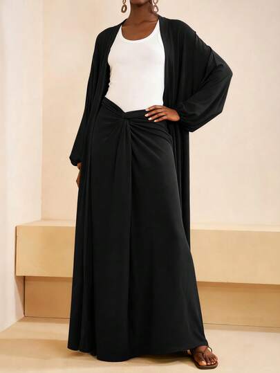 Zivah New Autumn New Music Festival & Graduation Casual College Style All-Match Versatile Vacation Beach Sunbathing Streetwear Loose Women 2-Piece Set - Brown Textured Tie Dye Watercolor Linen Cardigan + Twist Waist Maxi Skirt