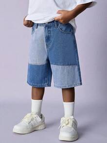 SHEIN Tween Boy Fashion Casual Vintage Cool Street Comfortable And Simple Basic Casual Light And Dark Blue Striped Denim Shorts For Dailywear And Spring To Summer Rave Festival And Streetwear Patchwork Denim Jean Pant Short Boys Short Jeans - Blue - View 1