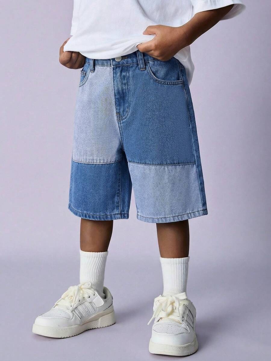 SHEIN Tween Boy Fashion Casual Vintage Cool Street Comfortable And Simple Basic Casual Light And Dark Blue Striped Denim Shorts For Dailywear And Spring To Summer Rave Festival And Streetwear Patchwork Denim Jean Pant Short Boys Short Jeans - Blue - View 1