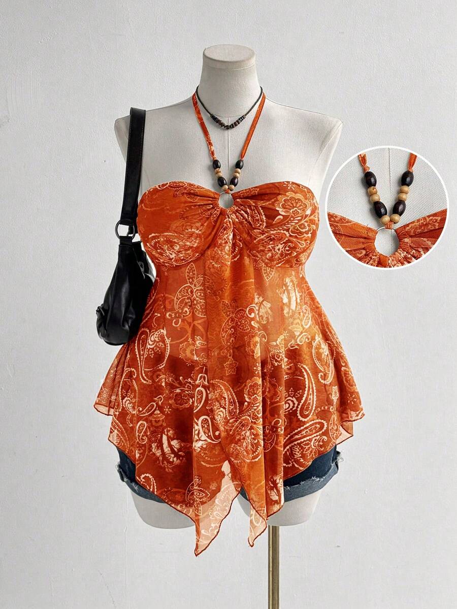 Sunspun Damen Große Größen Frühling und Sommer Urlaub Casual Retro Mesh Muster rückenfrei Träger Y2K Brustfalten Dekor Perlen Anhänger Damen Boho Strand Damen Träger Weste - Verschiedenfarbig - Übersicht 1
