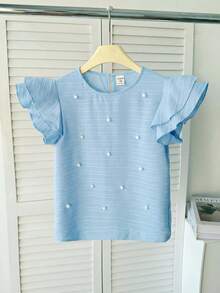 SHEIN Tween Girl Spring/Summer Casual Elegant Beaded Ruffle Cap Sleeve Woven Textured Round Neck Blouse Top Tween Girl - Baby Blue - View 4