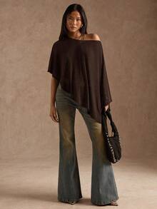 SHEIN BAE Áo kiểu bất đối xứng bóng bẩy thời trang dành cho nữ mùa hè - Cà phê nâu - Xem 1