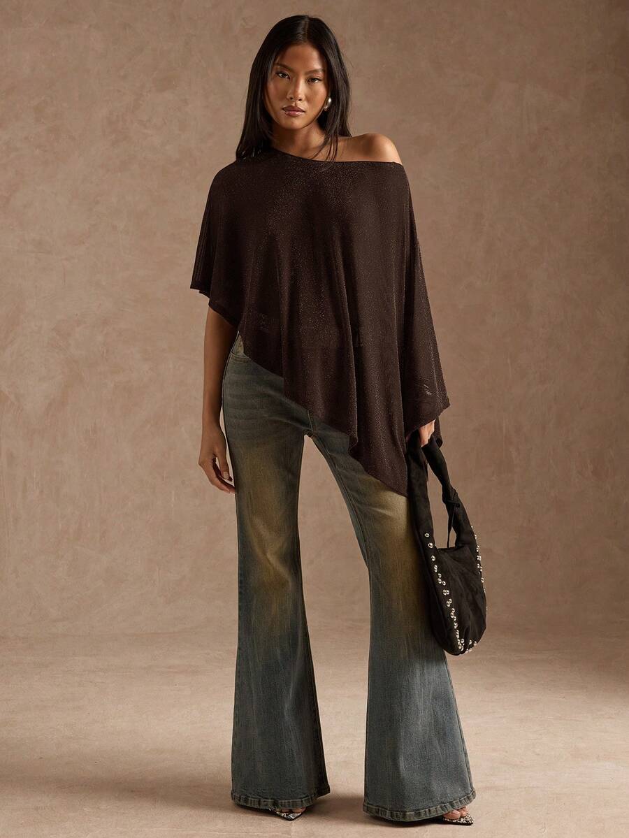 SHEIN BAE Áo kiểu bất đối xứng bóng bẩy thời trang dành cho nữ mùa hè - Cà phê nâu - Xem 1