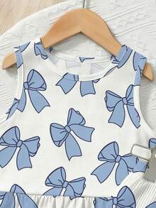 SHEIN Tween Girls Blue Bow Tie Digital Print Sleeveless 2-Piece Set, Suitable For Summer Daily Wear, Outings, Travel, Vacation And Parties, Vacation Outfit - Multicolor - View 3