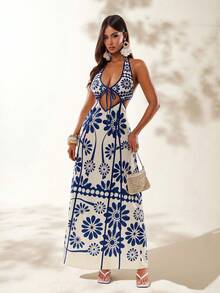 Radiana 女士春夏时尚休闲性感优雅度假系列蓝白撞色佩斯利花卉图案镂空印花修身连衣裙，适合日常穿着、音乐节、科切拉音乐节、波西米亚风、郊游、度假、海滩度假、假日、海边、西部风情、演唱会、狂欢节派对、层次丰富的穿搭、约会之夜、伊比沙岛、纳什维尔、休闲时光、端庄时尚、俱乐部、可爱休闲、购物、街头风、外出等场合，易于搭配，显瘦，凸显身材，修饰身形。 - 藍白色 - 查看 2