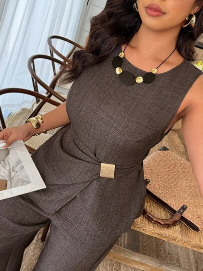 Weeklong Plus Size Women Spring/Summer Round Neck Sleeveless Metal Buckle Decor Waist Casual Commuter Suit