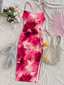 SHEIN 少女印花吊带开衩连衣裙，休闲水墨花卉图案修身长裙，适合夏季度假 - 彩色 - 查看 6