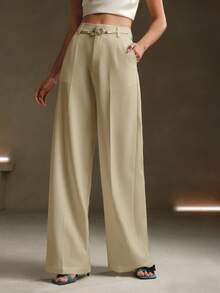 Anewsta Petite Pantalon de costume moderne urbain de couleur unie avec décoration métallique, nouvelle collection printemps - Crème - Voir 3