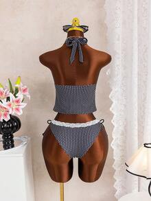 Zestiva Women's Beach Music Polka Dot Lace Trim Tie Front Tankini Swimsuit Set, Cute Style For Spring/Summer - Multicolor - View 2