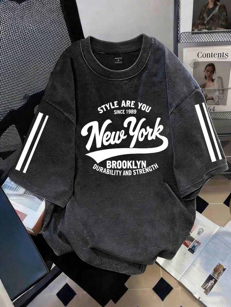 Manfinity Homme 男女通用复古条纹学院风水洗棉T恤 - 黑色 - 查看 1