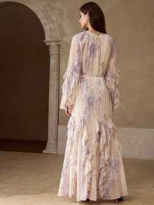 MOTF PREMIUM 春夏新款紫色粉色花卉印花长袖圆领宽松荷叶边下摆优雅浪漫飘逸度假风长连衣裙 - 紫色 - 查看 3