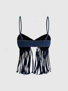 ROMWE Grunge Punk Áo hai dây denim kiểu dáng retro Y2K lấy cảm hứng từ lễ hội âm nhạc Fringe Star Patch. - Màu xanh lam - Xem 2