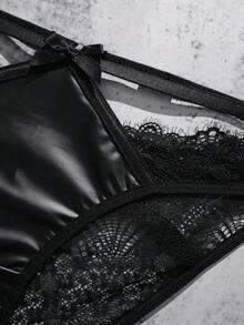 SHEIN 两件套黑色蕾丝拼接性感内衣套装 - 黑色 - 查看 10