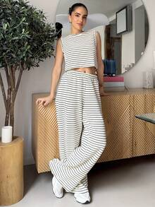 Marta Soriano 女士两件套条纹背心和裤子，休闲 - 黑與白 - 查看 5