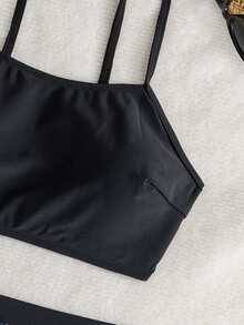 Swim Lushoire 女士热带椰树印花三件套泳衣：吊带上衣、高腰短裤和网纱罩衫，适合海滩度假 - 黑與白 - 查看 7