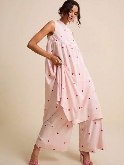 LOTSLUV Women's Spring/Summer Linen Fabric Asymmetrical Heart Embroidered Pink Sleeveless Round Neck Long Top And Cropped Pants 2-Piece Set