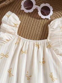 Baby Girl Summer Cute Yellow & White Striped Bow Ruffle Romper Yellow Vintage Baby Girl Clothes Ruffle Sleeve Baby Top 2pcs Set Toddler Girls Cute Vintage Style Bow Print Baby Clothes - Yellow - View 5