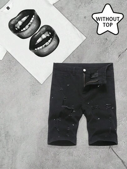 Teen Boy Fashion Casual Vintage Cool Street Comfort Best And Simple White Paint Dots On Black Denim Stretchable Frayed Tight Jeans Shorts For Best Kids Dailywear And Kids Spring To Summer Rave Festival And Streetwear New SS26 Fashion
