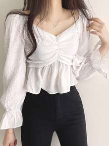 DAZY Blusa con volantes en el busto, mangas con volantes, top con peplum, volantes, ropa de otoño, top de manga larga, top tipo babydoll - Blanco - Ver 5