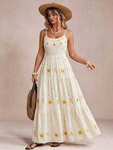 Freevana 波西米亚风奶油黄吊带连衣裙，金色花卉刺绣腰部A字长裙，复古度假宽松显瘦连衣裙，夏季 - 米色 - 查看 6