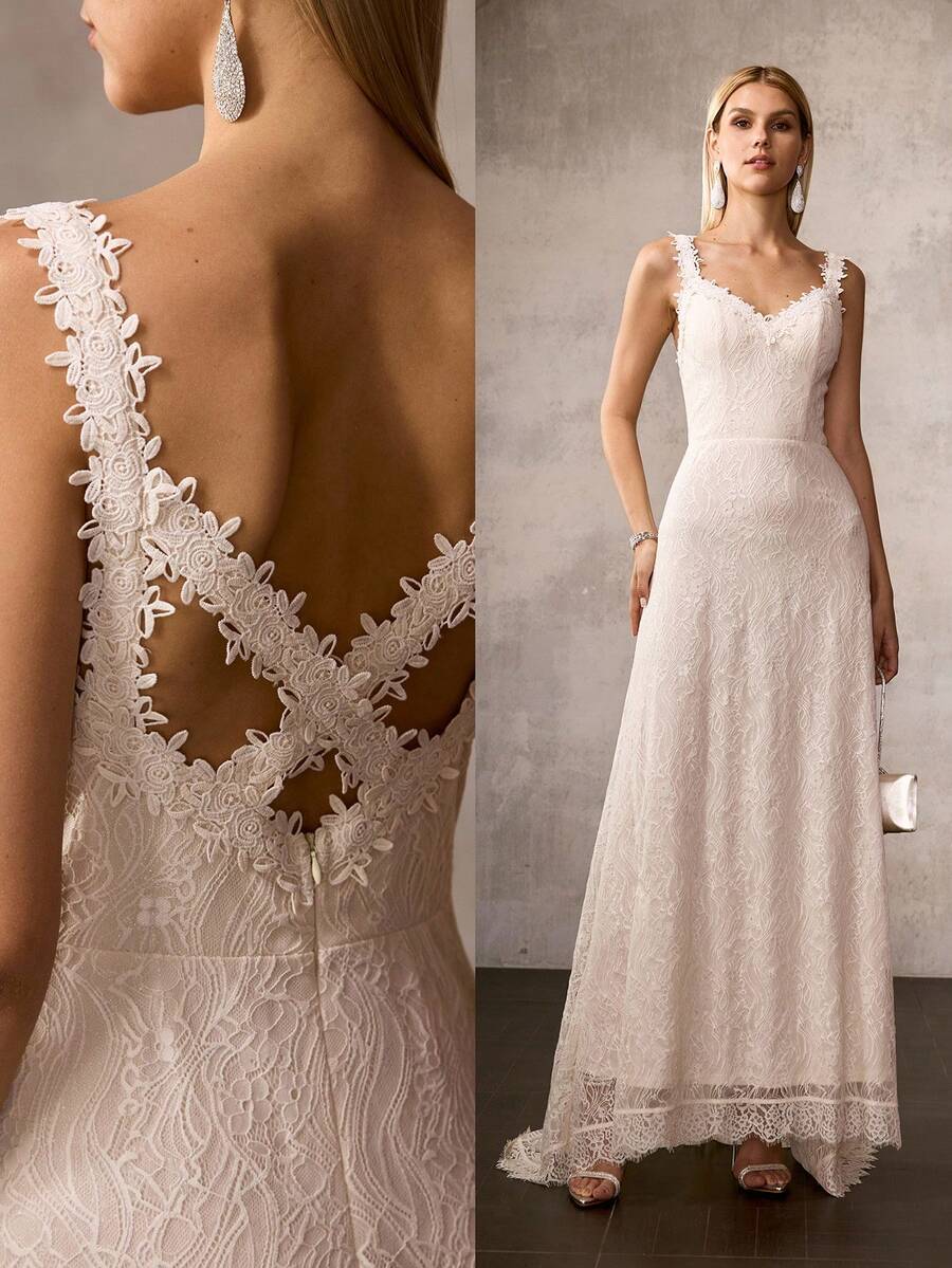 MOTF Soiréza WOMEN SWEETHEART NECK LACE GOWN WITH BACK CROSS STRAPS, FLORAL LACE ACCENTS, A-LINE FLOWING SKIRT WITH TRAIN & SHEER LIGHTWEIGHT FABRIC , IDEAL FOR WEDDINGS, GALA DINNERS, CELEBRATIONS & FORMAL PARTIES