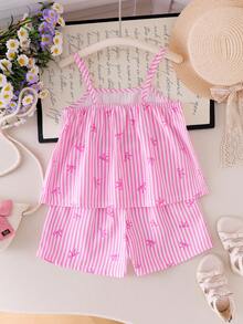 SHEIN Elladie kids 小女孩粉色条纹蝴蝶结印花吊带背心和短裤套装，甜美可爱，舒适的夏季外出装扮 - 粉色 - 查看 3
