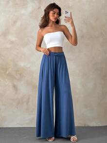 EURMUSE Damen, Frühling, Sommer, lange Länge, locker geschnitten, natürlicher Bund, Lässig, hellblaue Weite Hose, hellblauer Palazzo, blaue fließende Weite Hose, hellblaue Elastische Taille Palazzo, blaue Zugband Weite Hose, hellblauer Hoher Bund Palazzo, blaue Lounge Palazzo Hose, hellblaue Strand Weite Hose, blaue Sommer Palazzo Hose, hellblaue Lässig Weite Hose, blaue Loose Fit Palazzo Hose - Blau - Übersicht 4