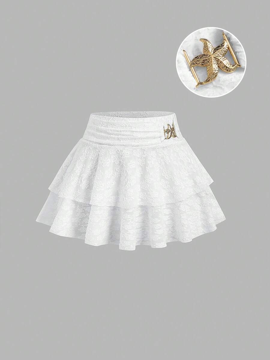 Sweetra 法式蕾丝性感蛋糕裙A字迷你裙，夏季女裙 - 白色 - 查看 1