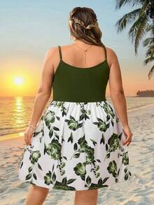 SHEIN CURVE+ Curve 尺码 US22 音乐节、海滨度假、波西米亚风女士印花系带夏季沙滩连衣裙，女士夏季连衣裙 - 綠色 - 查看 3
