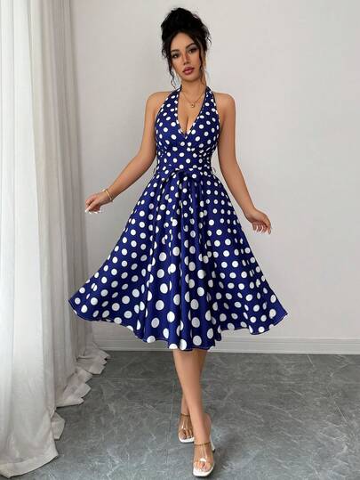 Rafferiza Đầm thanh lịch kiểu Pháp cổ điển màu xanh chấm bi, hở lưng, cổ buộc dây.