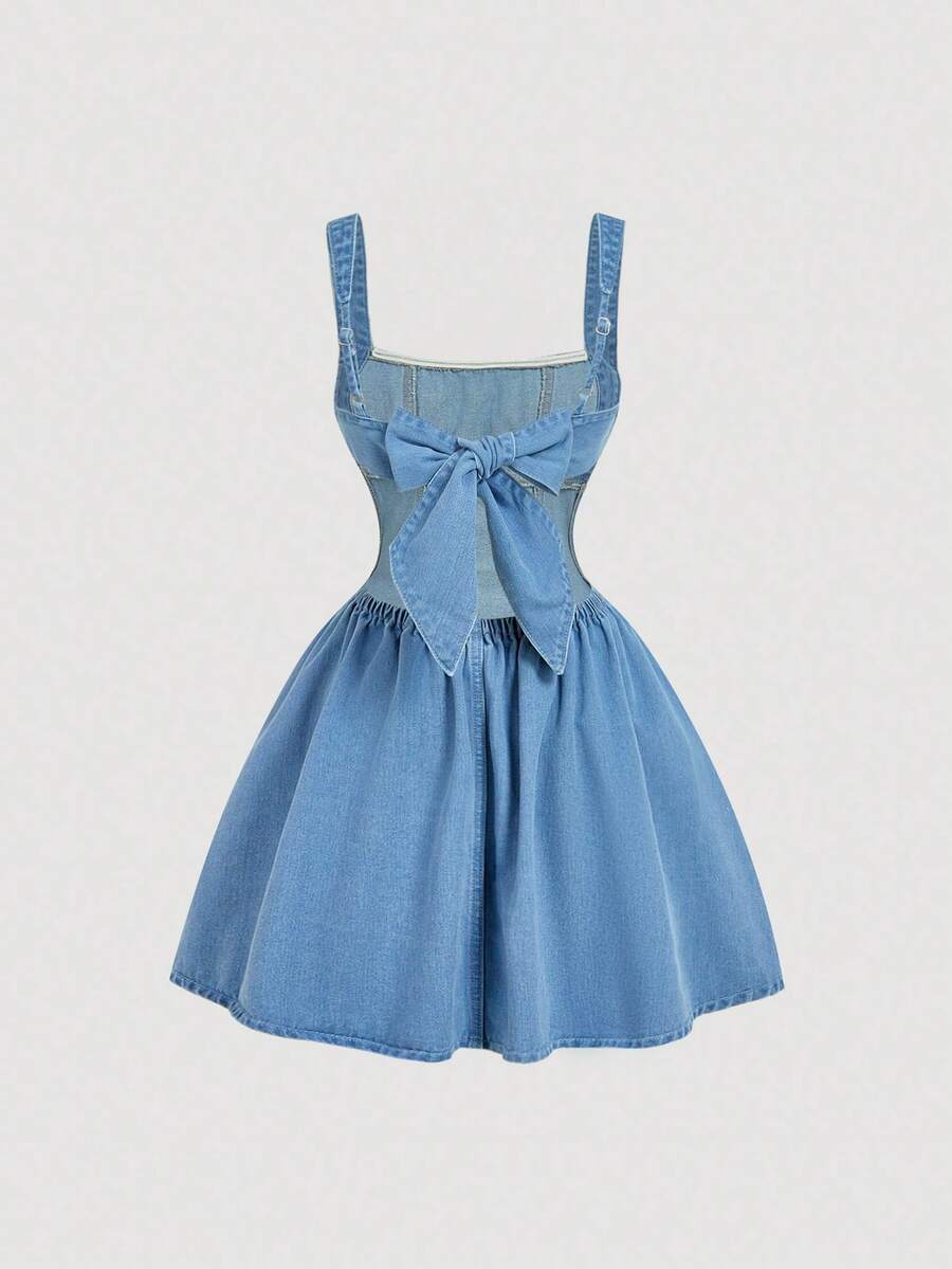 SHEIN MOD Women's Casual Tie-Up Backless Denim Dress, Summer - Blue - View 1