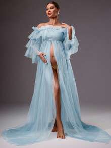 MaterniChic Vestido de maternidad de unicolor con malla, hombros descubiertos, abertura alta y cola - Celeste - Ver 4