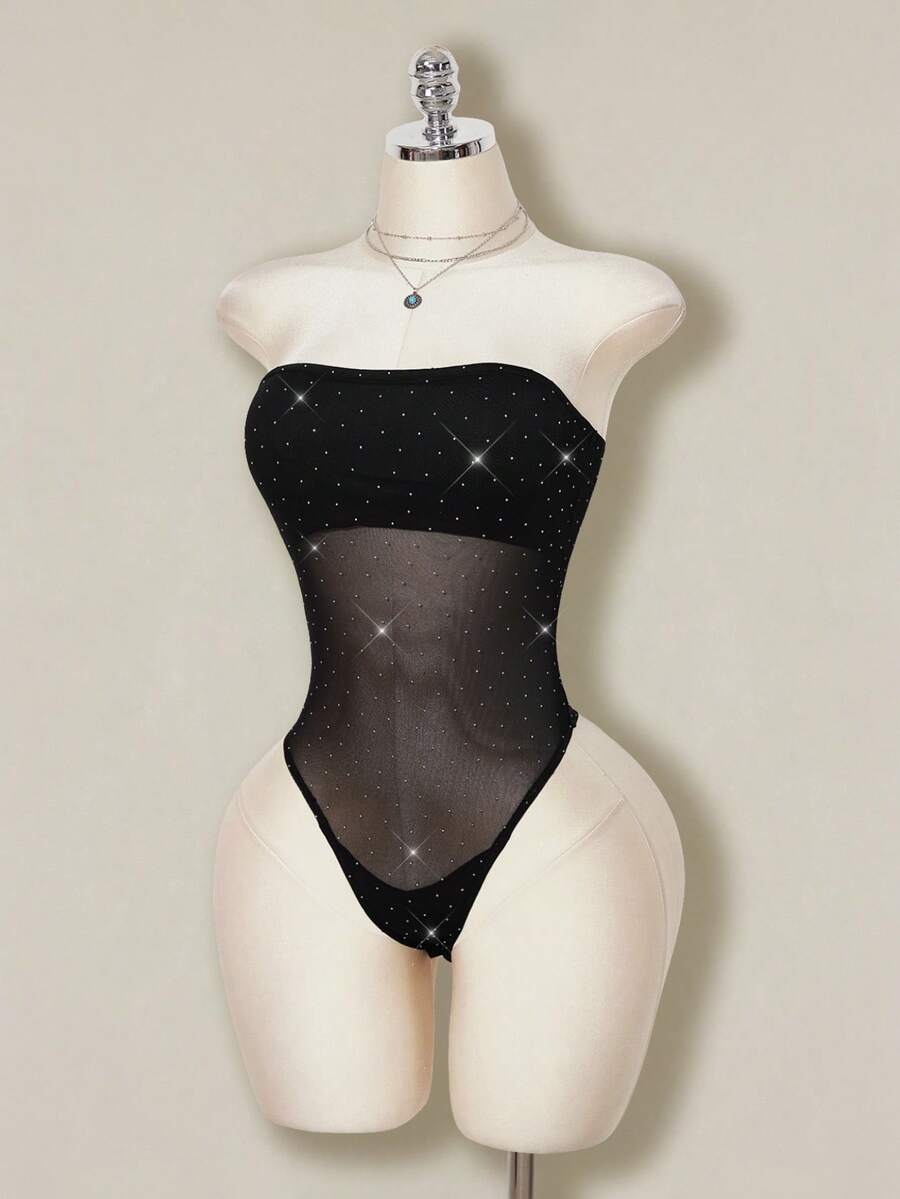 SHEIN ICON 女士休闲抹胸网纱连体衣，适合日常穿着 - 黑色 - 查看 1