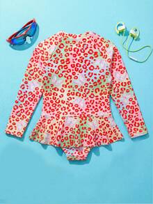 新款时尚女童连体泳衣连衣裙，长袖三角泳裤，女童泳装 - 彩色 - 查看 2