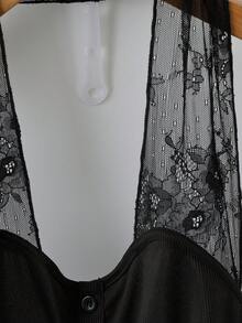 GlowEve CURVE Plus Size Lace Halter Neck Camisole, Ribbed Button Front Design, Slimming Fit, Sleeveless Black Top, Suitable For Daily Wear/Party/Vacation - Black - View 3