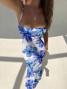 Aloruh Women's Elegant Floral Print Backless Halter Dress, Blue Floral Pattern - Blue - View 7