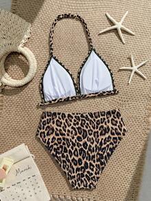 SHEIN Tween Girls Bikini Sets,Red And Cheetah Print Cute Knit Fabric Separates,Fashionable Casual Elegant Swimwear For Summer,Beach,Holiday,Vacation,Pool - Multicolor - View 2