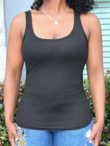 Steph T Casual Basic Ribbed White Tank Top With Deep U-Neck And Narrow Armholes, C Style - Black - View 6