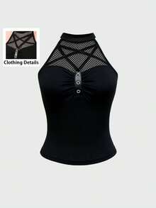 Breakform Áo tank top ôm sát kiểu Gothic gợi cảm dành cho nữ, cổ tròn, khoét rỗng, họa tiết hình thoi, lưới, xếp ly, dây da giả trang trí, khóa kim loại hình chữ D. - màu đen - Xem 1