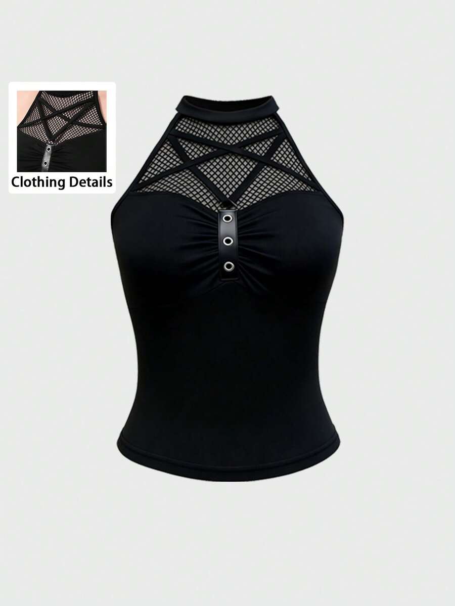 Breakform Áo tank top ôm sát kiểu Gothic gợi cảm dành cho nữ, cổ tròn, khoét rỗng, họa tiết hình thoi, lưới, xếp ly, dây da giả trang trí, khóa kim loại hình chữ D. - màu đen - Xem 1