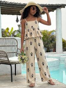 SHEIN Tween Girl Floral Print Ruffle Hem Camisole And Pants Casual Outfit - Khaki - View 1