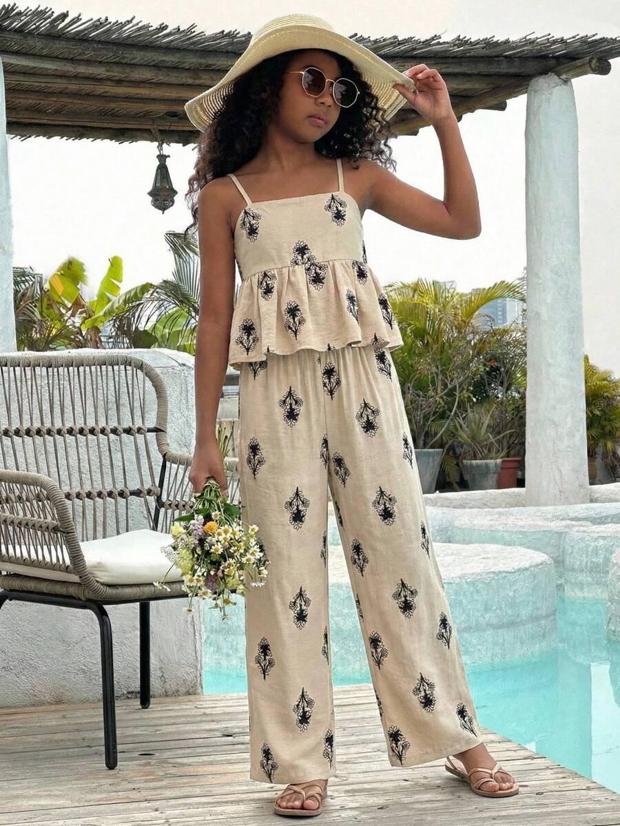 SHEIN Tween Girl Floral Print Ruffle Hem Camisole And Pants Casual Outfit - Khaki - View 1