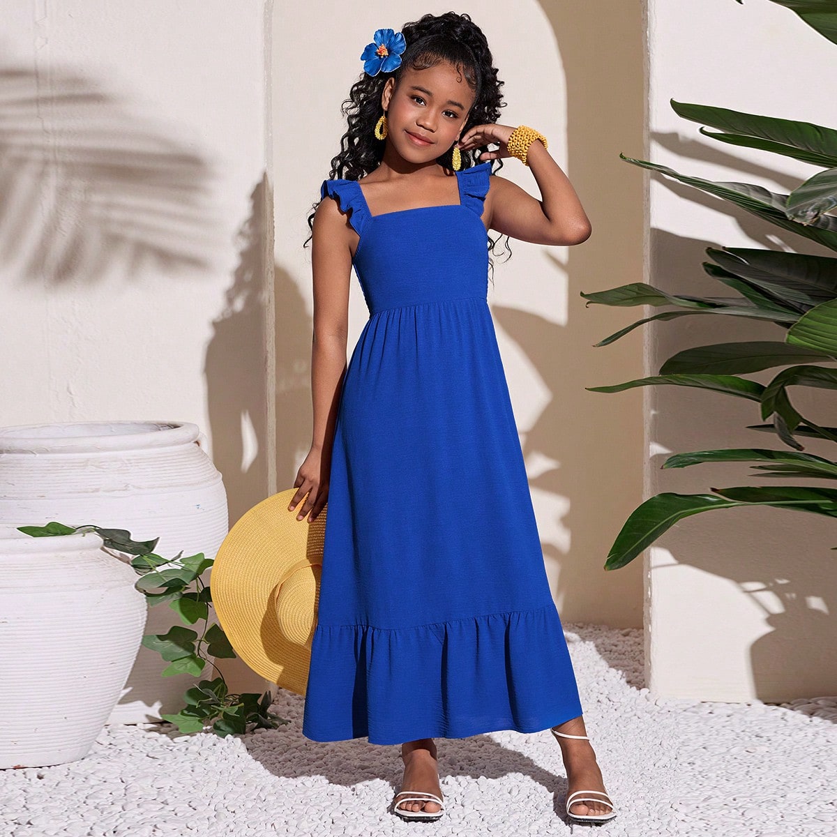 Vestido de verano boho para niñas preadolescentes, azul real, para vacaciones y días festivos, lindo, con manga corta, cuello cuadrado y cintura ce?